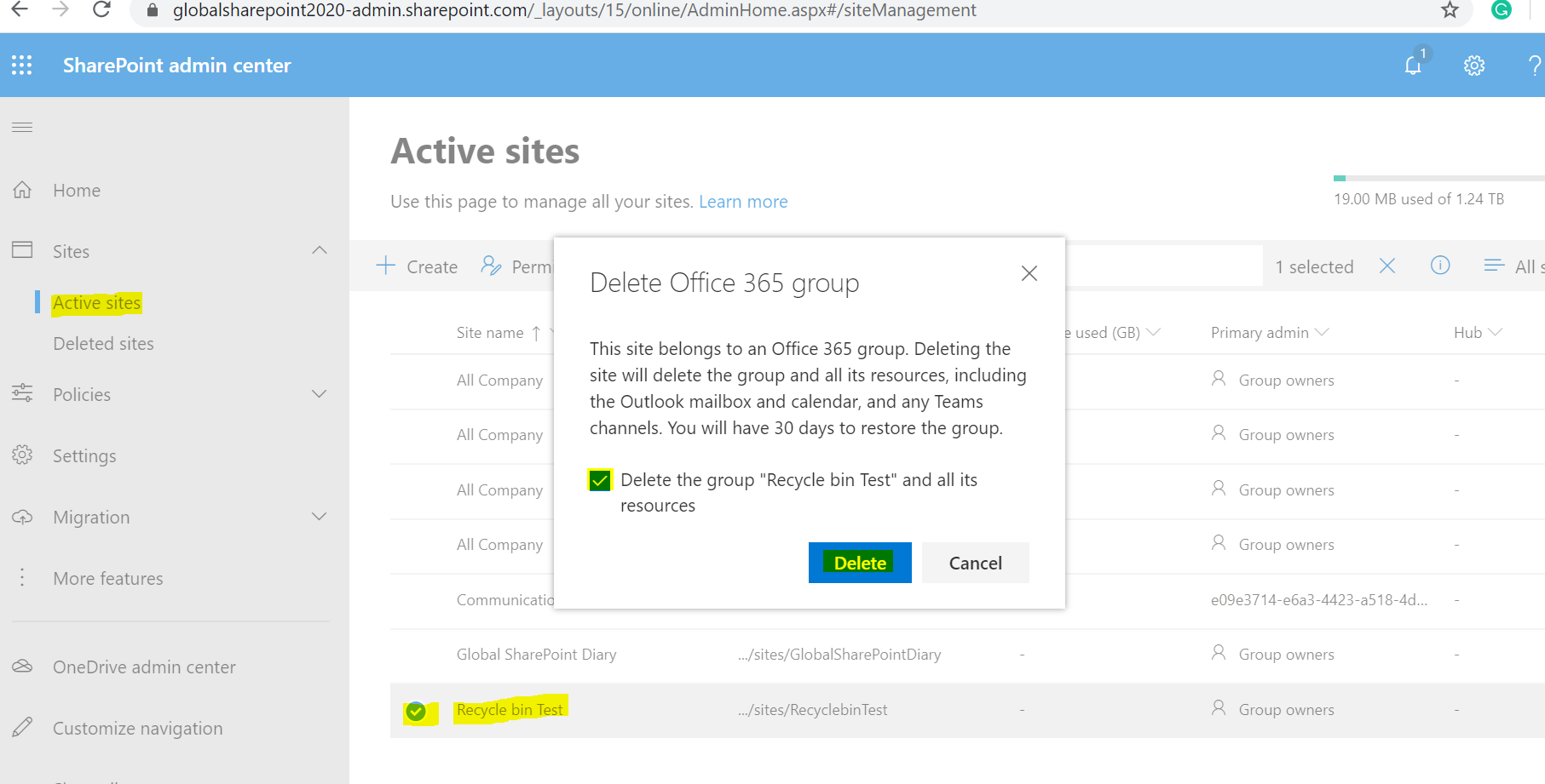 Delete site collection from SharePoint Online Admin Center - Office 365 Group Connected