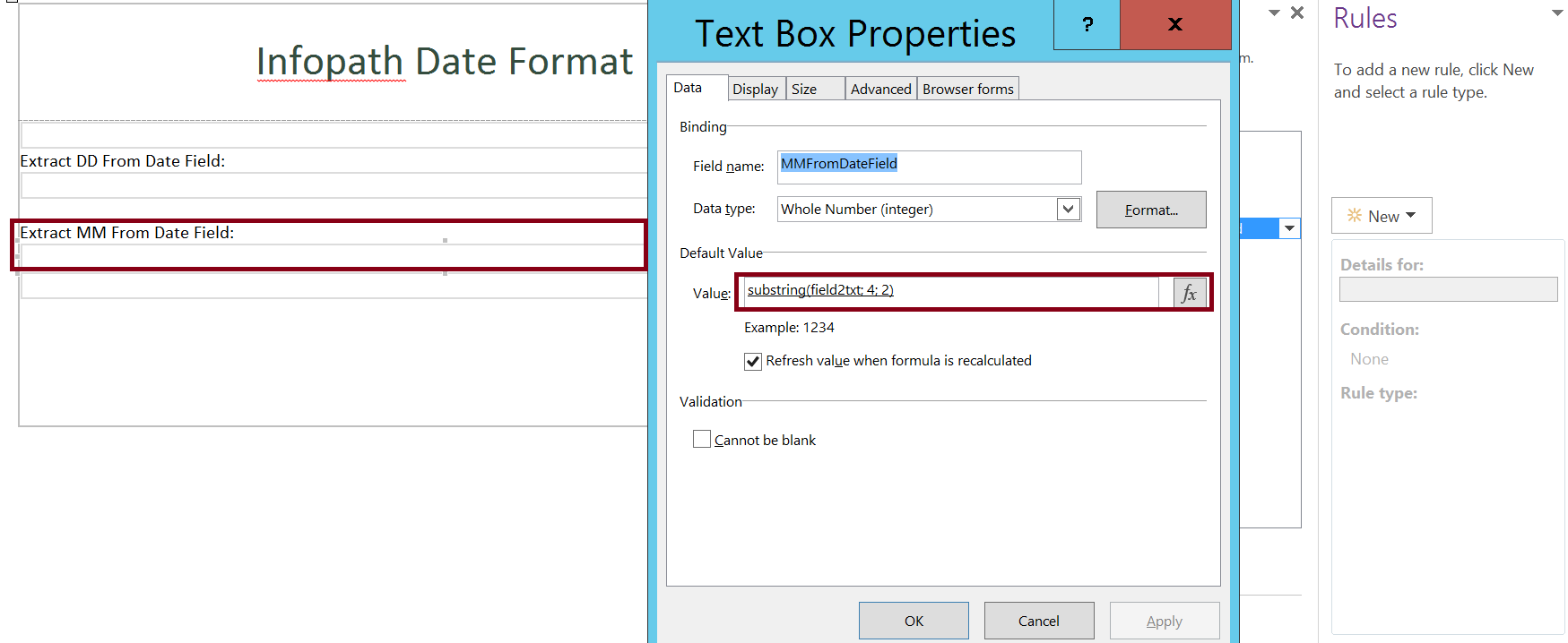Extract month from date field in Infopath form