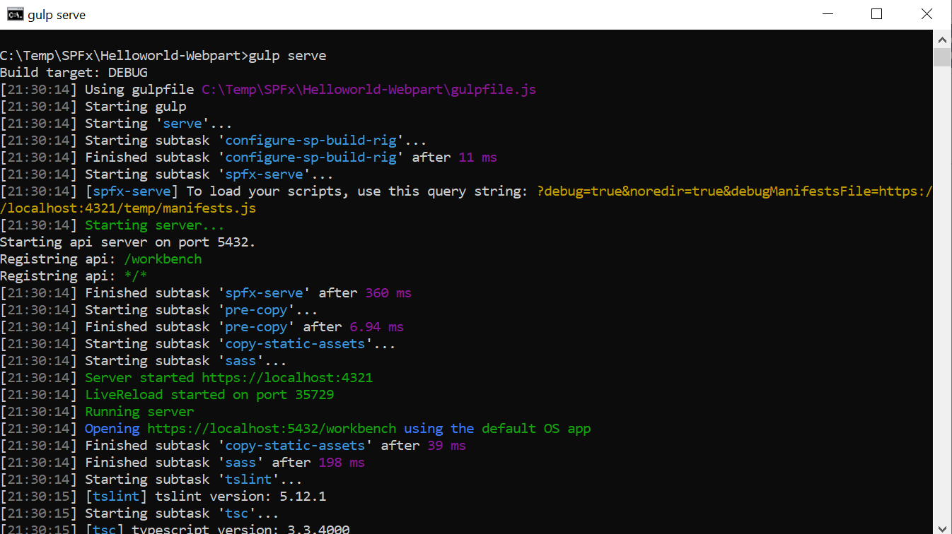 Gulp serve command execution successful status