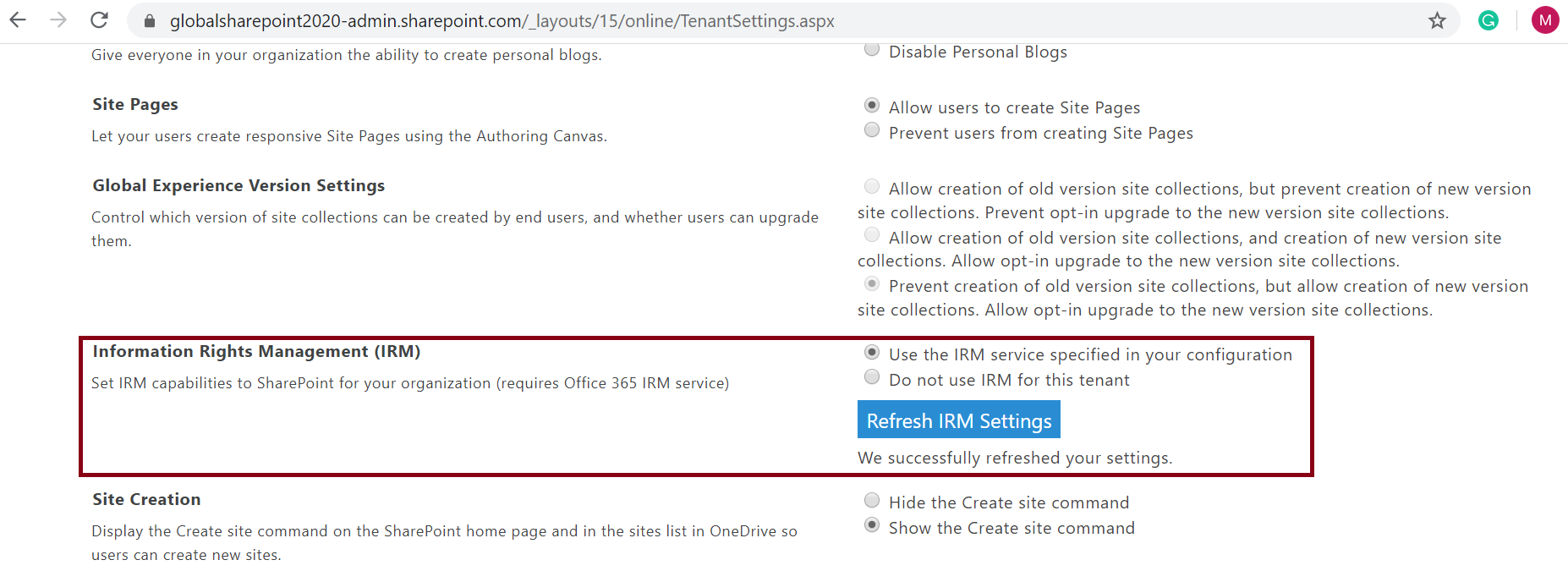Information Rights Management (IRM) - Refresh IRM Settings