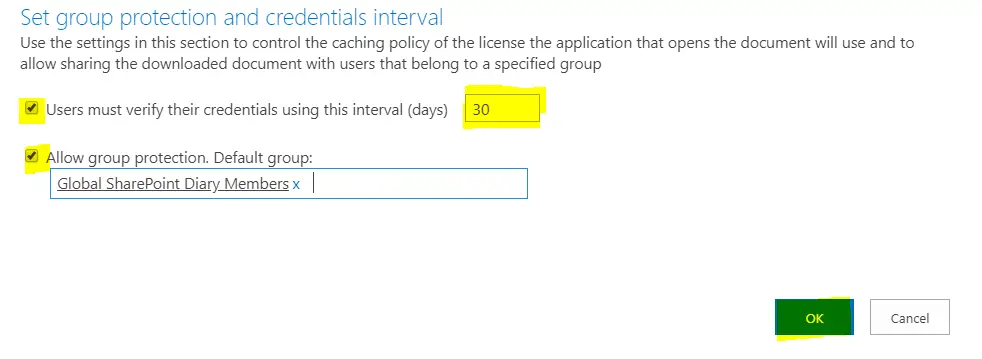 Information Rights Management (IRM) Settings - Set group protection and credentials interval