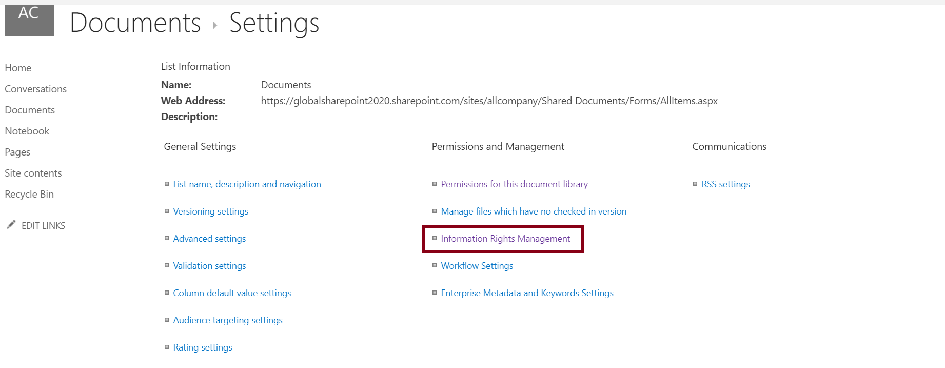 Information Rights Management (IRM) settings in Document Library Settings Page
