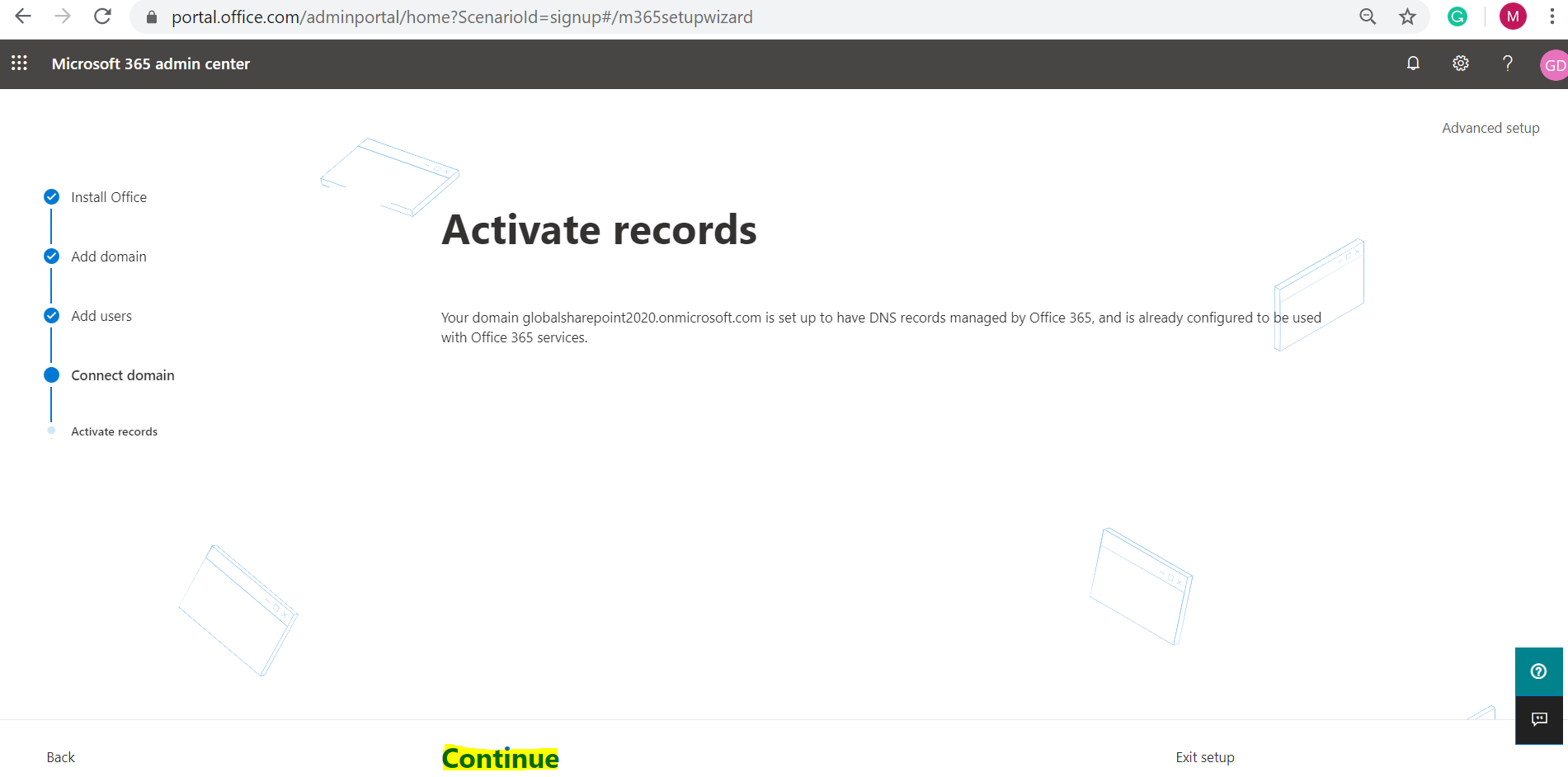 Office 365 E3 Trial - Microsoft 365 admin center home page - Activate Records
