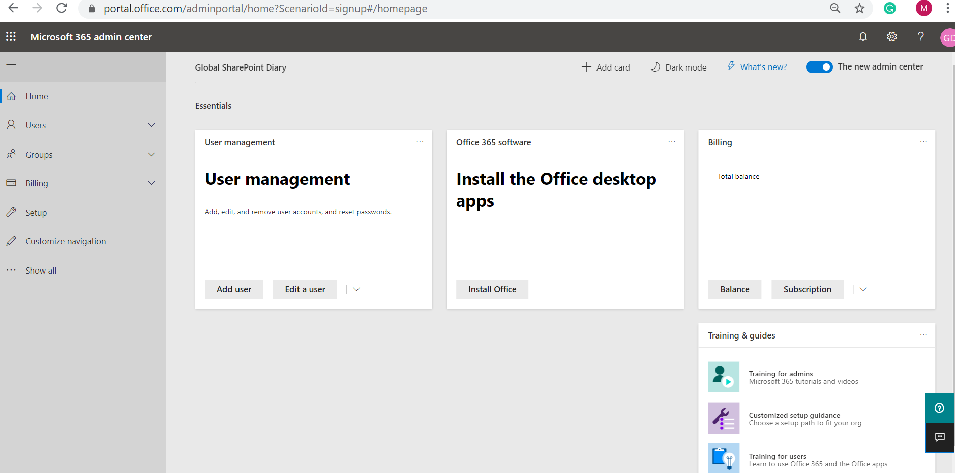 Office 365 E3 Trial - Microsoft 365 admin center home page - after configuration