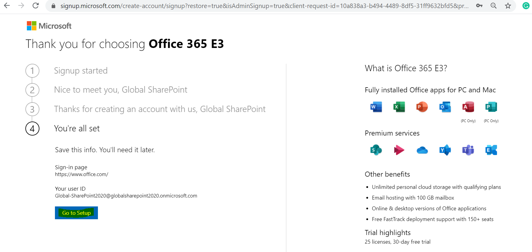 Office 365 E3 Trial - Set up account - You're all set message