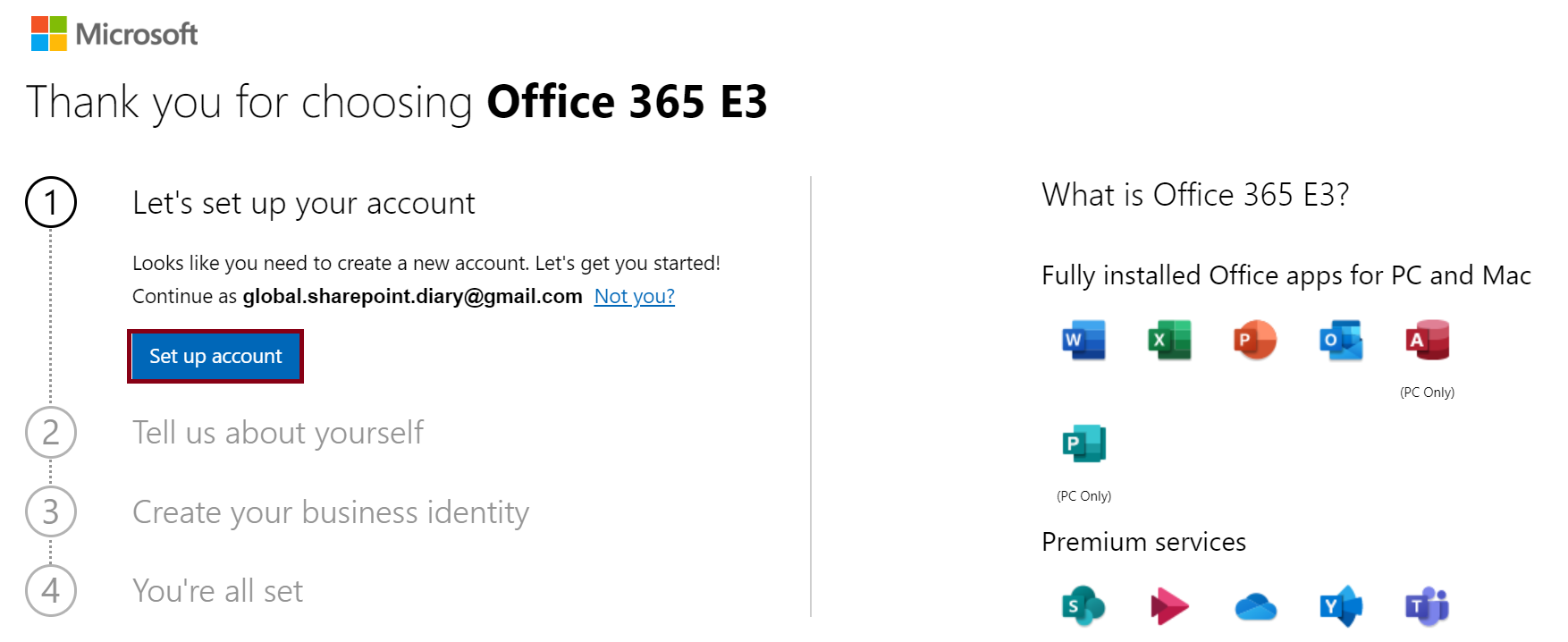 Office 365 E3 Trial - Set up account