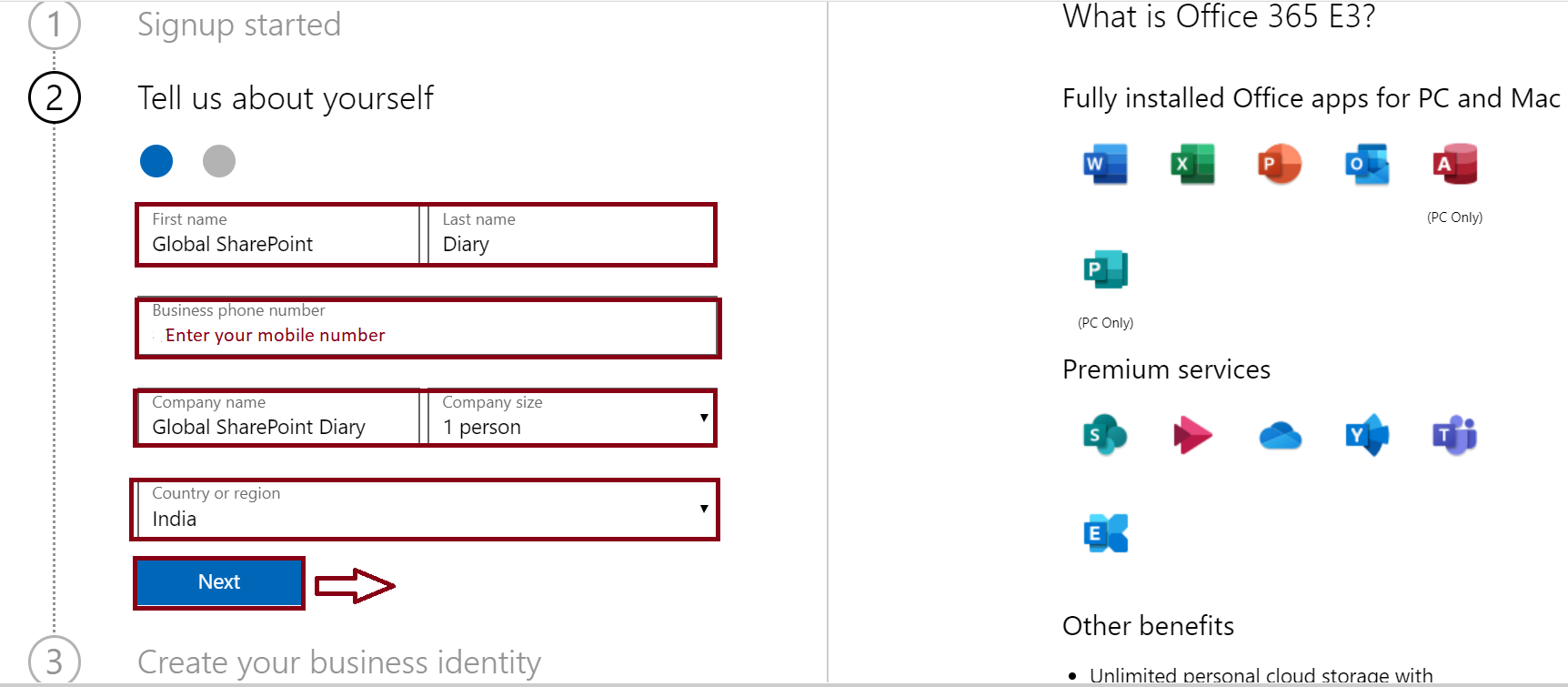 Office 365 E3 Trial - Tell us about yourself
