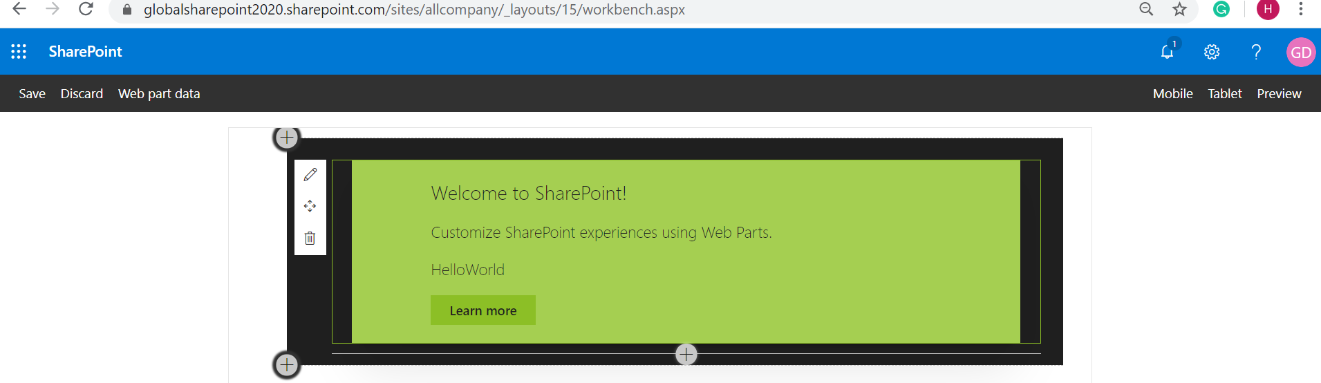 Preview of Hello World Web Part in the browser - from SharePoint Workbench