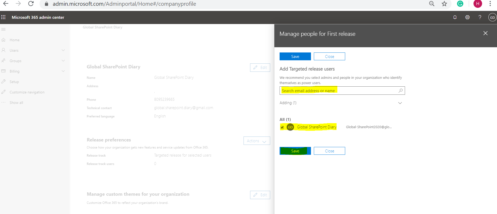SharePoint search box - Add Targeted release users - Release Preferences in Office 365 - Organization Profile