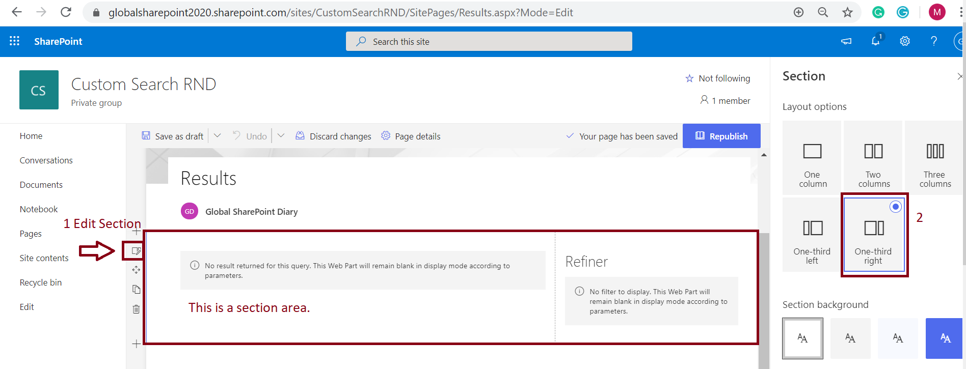 Configure the section for modern search web part in the custom modern page