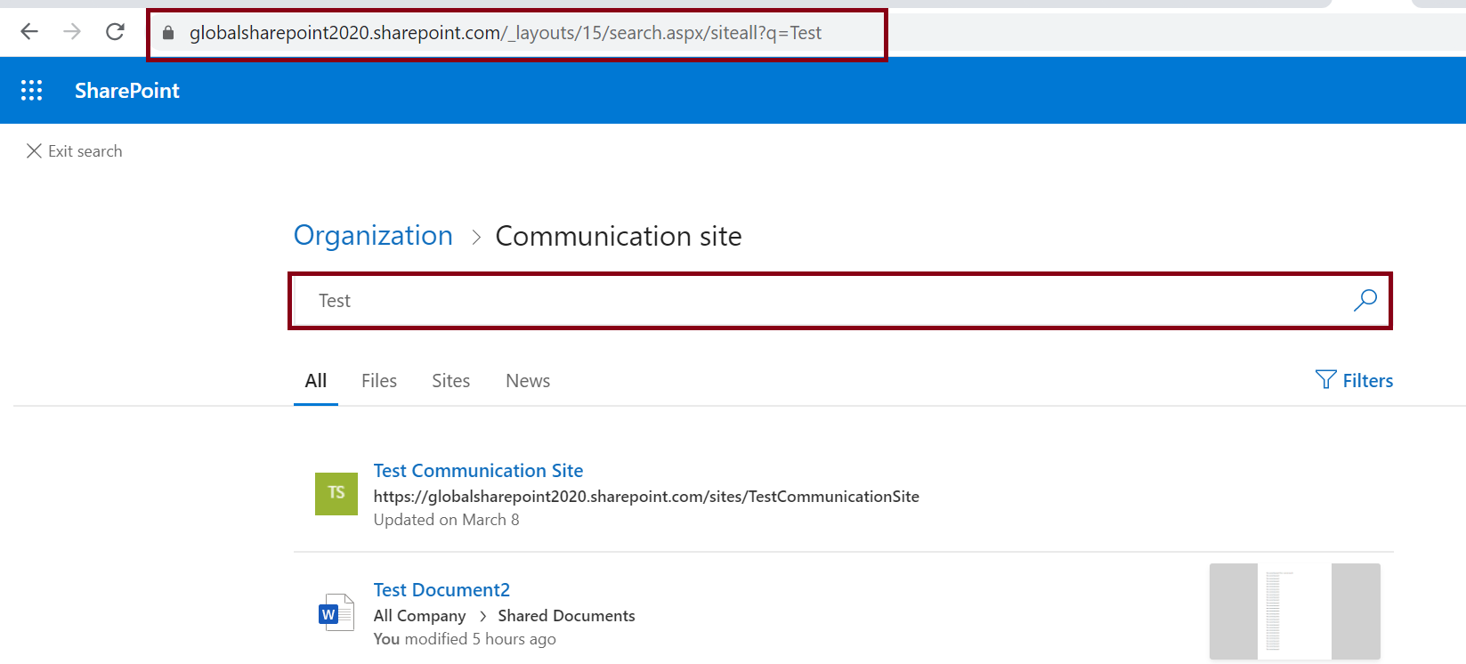 Default organization search result page in SharePoint Online