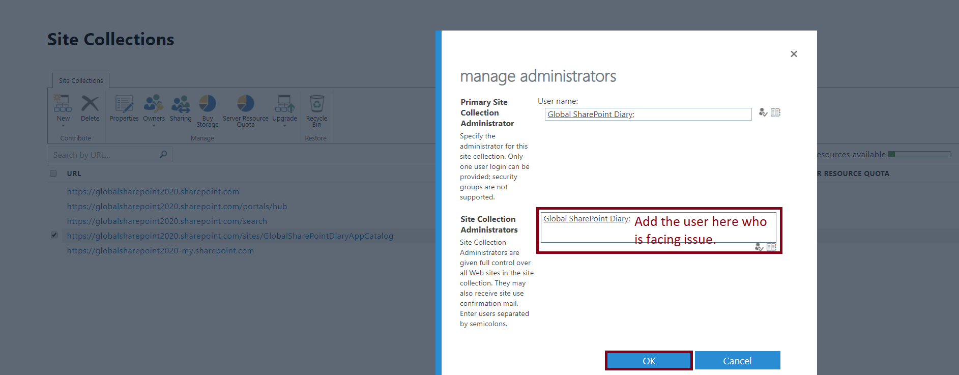 Manage Administrator in the SharePoint Online Classic Site Collection - Add Site Collection Administrator
