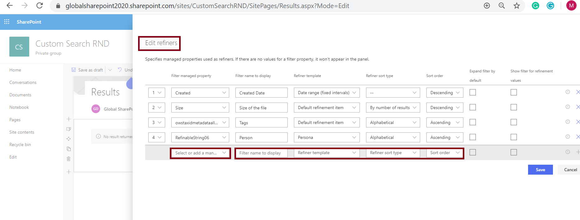 Edit refiner configuration in the search filter web part