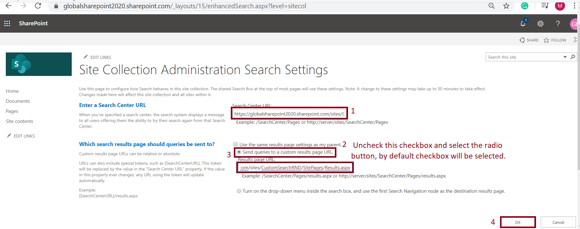 Search settings page configuration in SharePoint Online