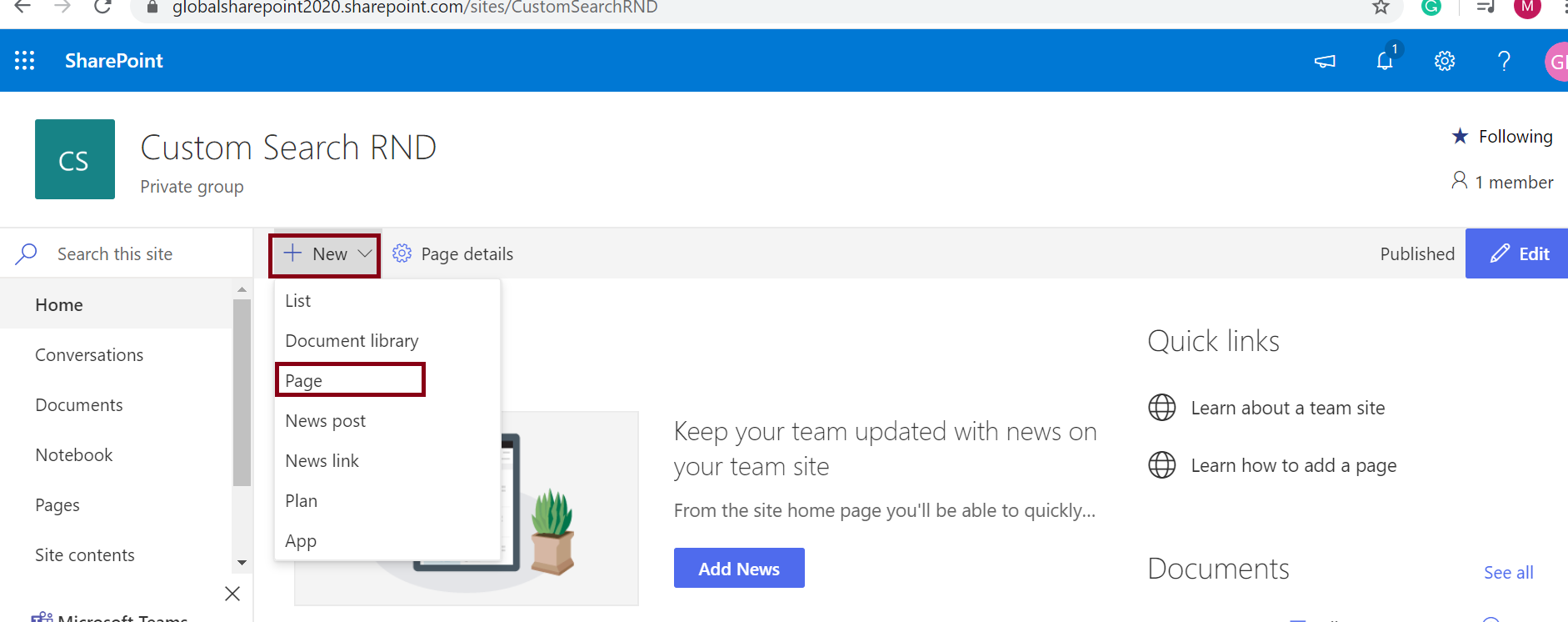 Steps to create a page in SharePoint Online - Click on the New button