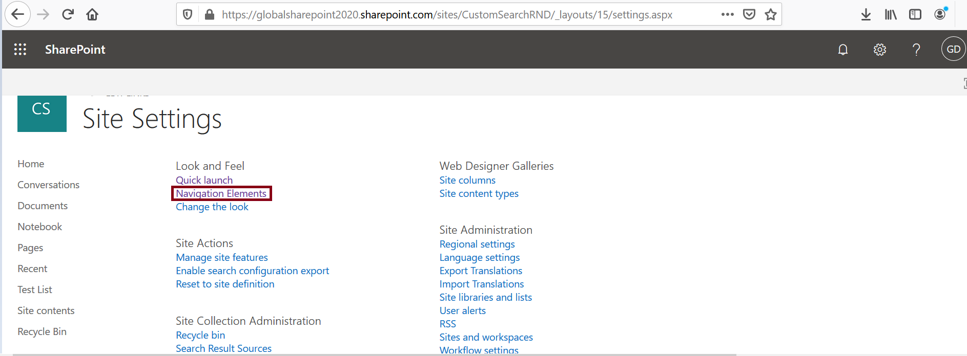 Navigation elements in site settings page - SharePoint look and feel