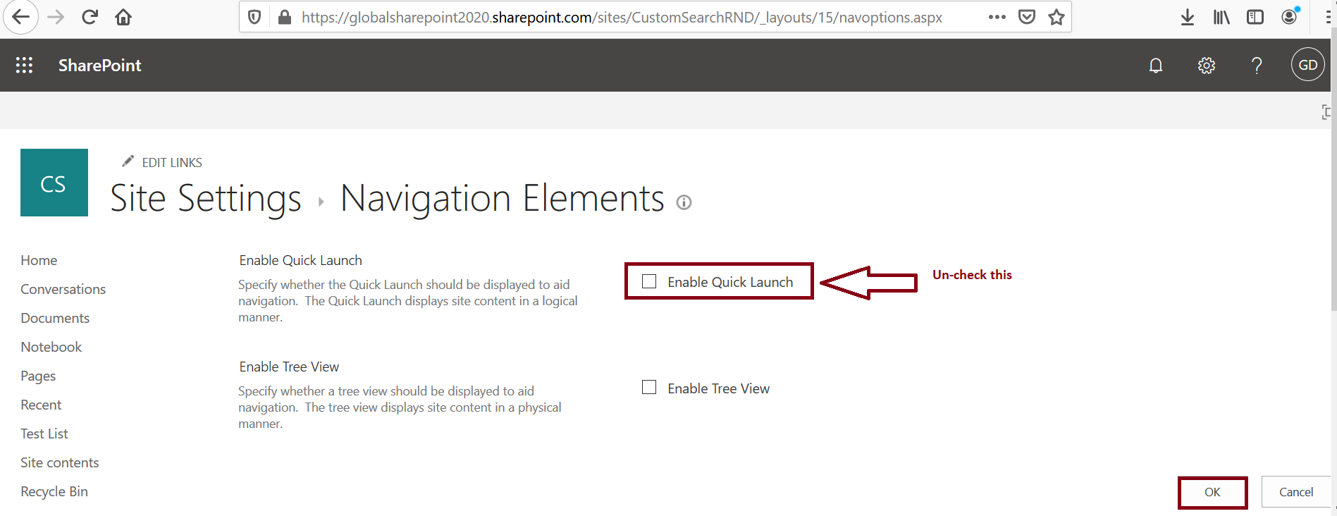 Site Settings - navigation elements - enable quick launch-SharePoint Online
