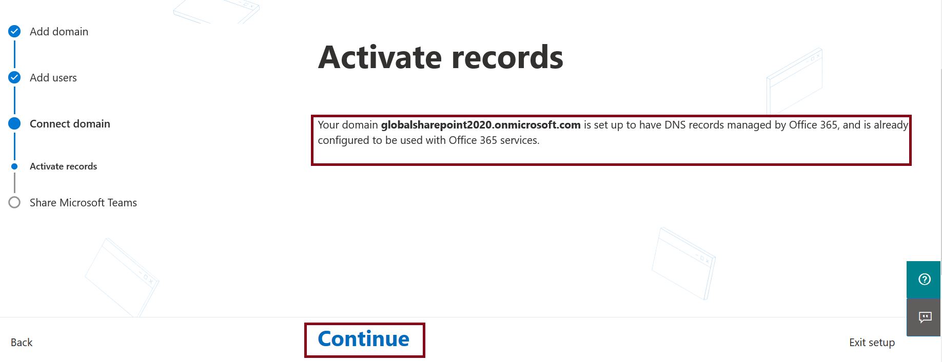 Activate records in domain registration - setting up ‎Microsoft Teams Exploratory