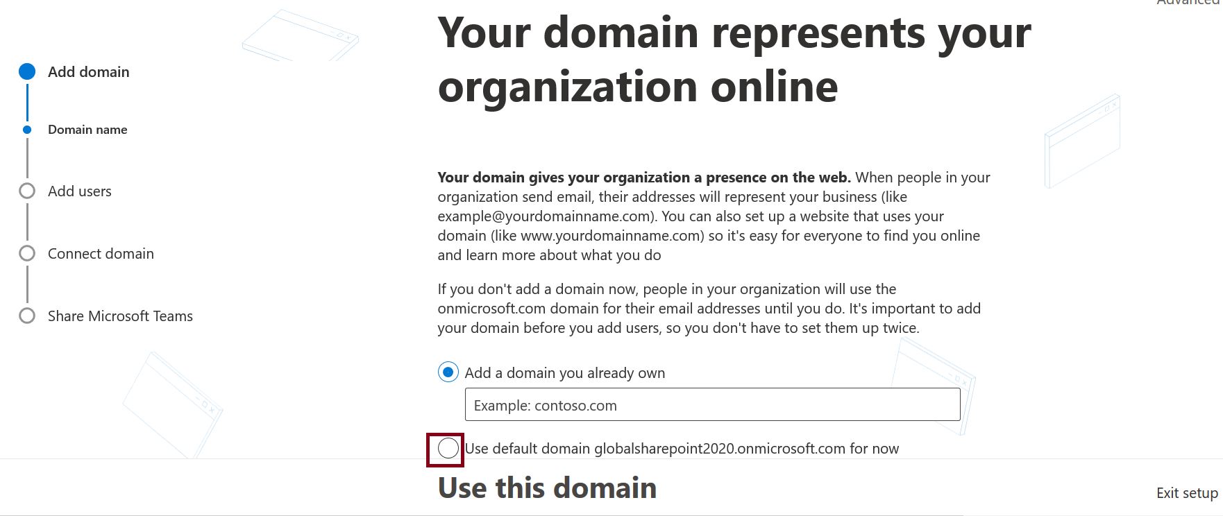 Microsoft teams exploratory setup - Add Domain - Your domain represents your organization online