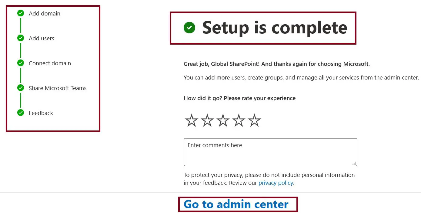 Microsoft Teams setup is complete status message in Microsoft 365 admin center