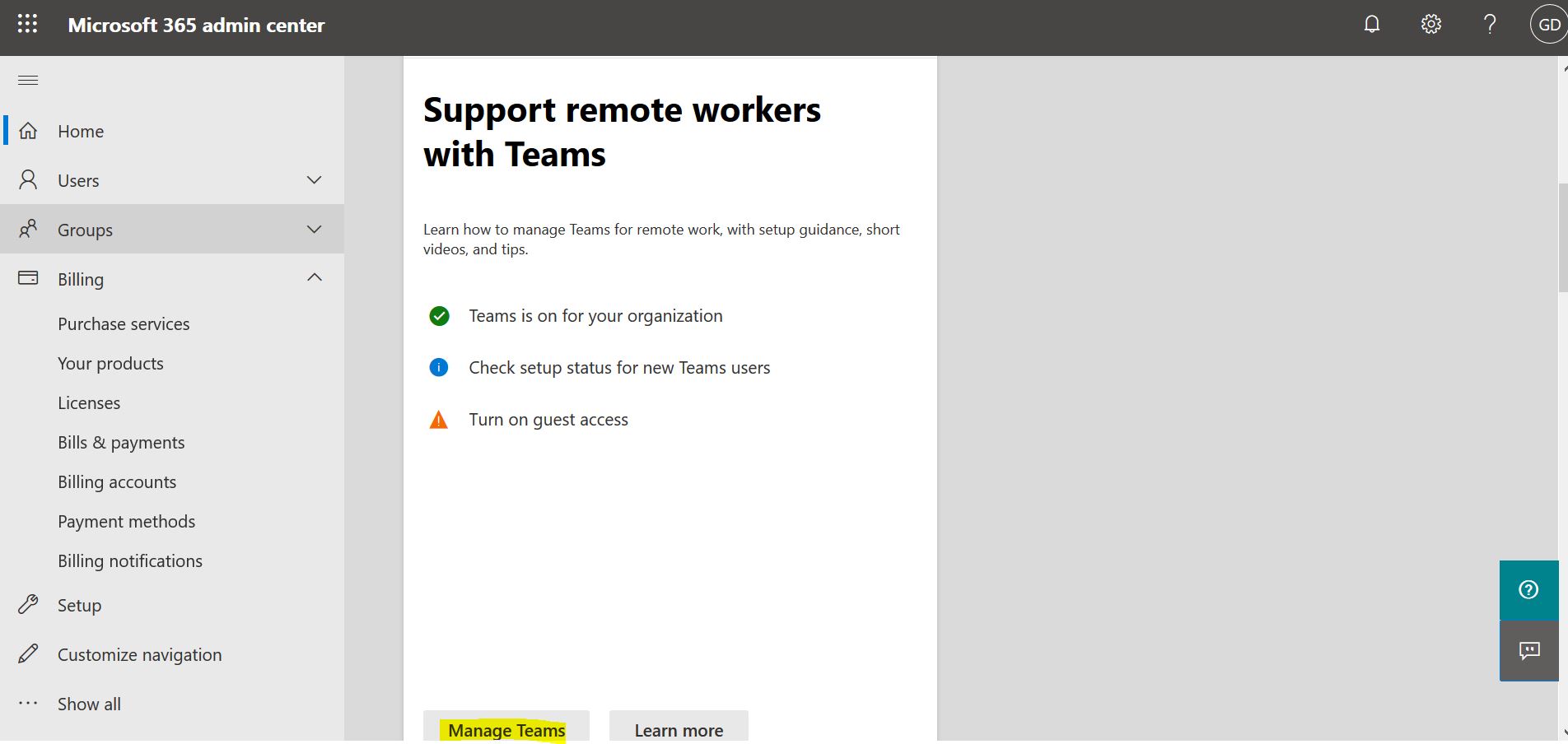 Support remote workers with ‎Teams‎ in Office 365 - Microsoft 365 admin center