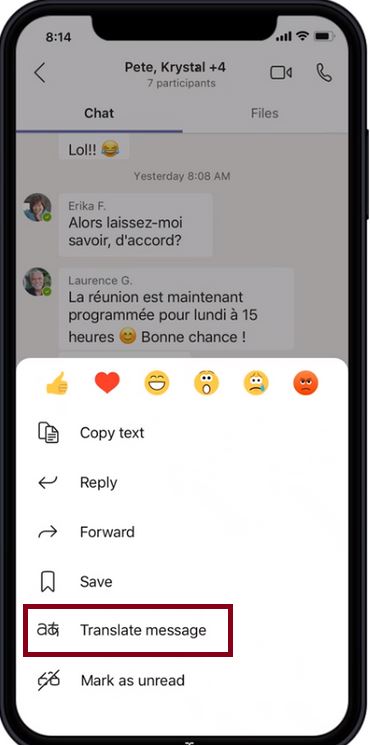 Translate Microsoft Teams message from teams mobile app demo