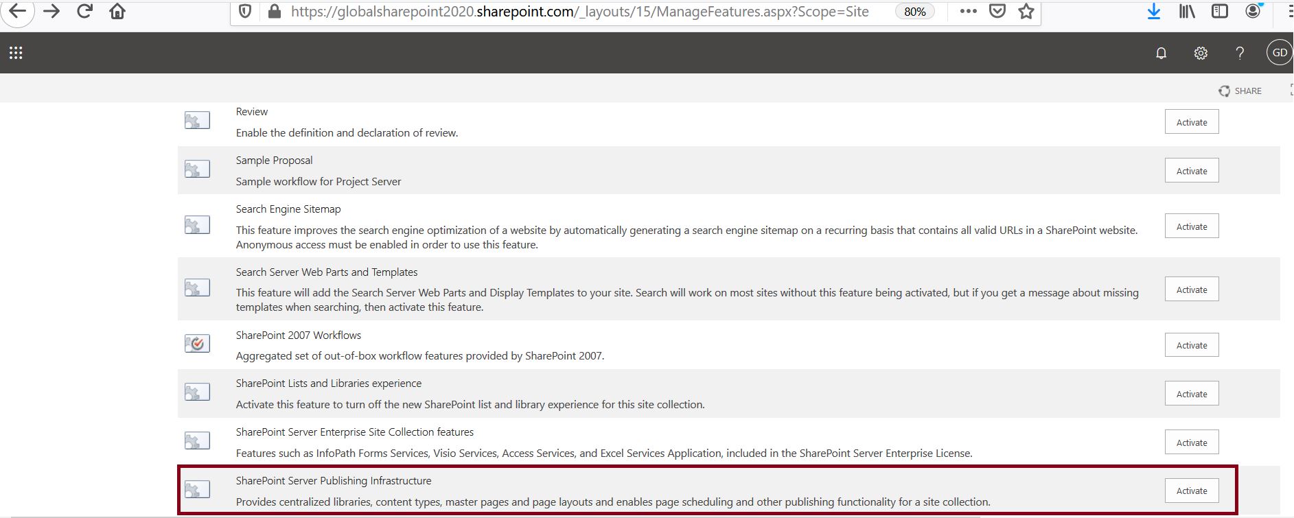 Activate SharePoint Server Publishing Infrastructure in the communication site