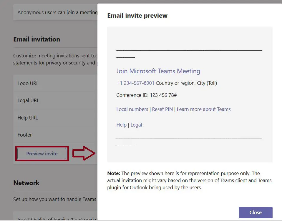 Email invite preview in Microsoft Teams Meeting