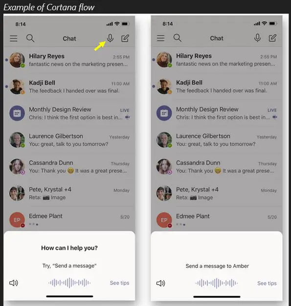 Example of Cortana flow of Cortana voice assistance in Teams mobile