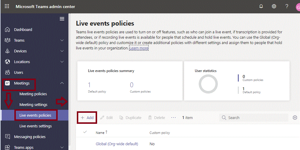 How to add live event policy in Teams?