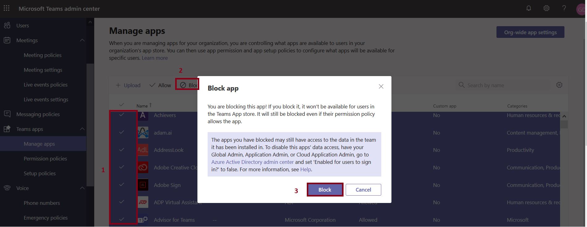 Manage apps in Microsoft Teams, how to block the app to be available for users in the Teams App store?