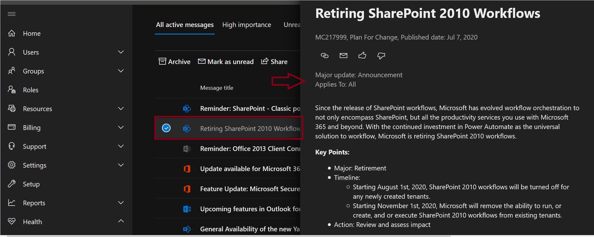 Retiring SharePoint 2010 Workflows announcement in Microsoft 365 admin center
