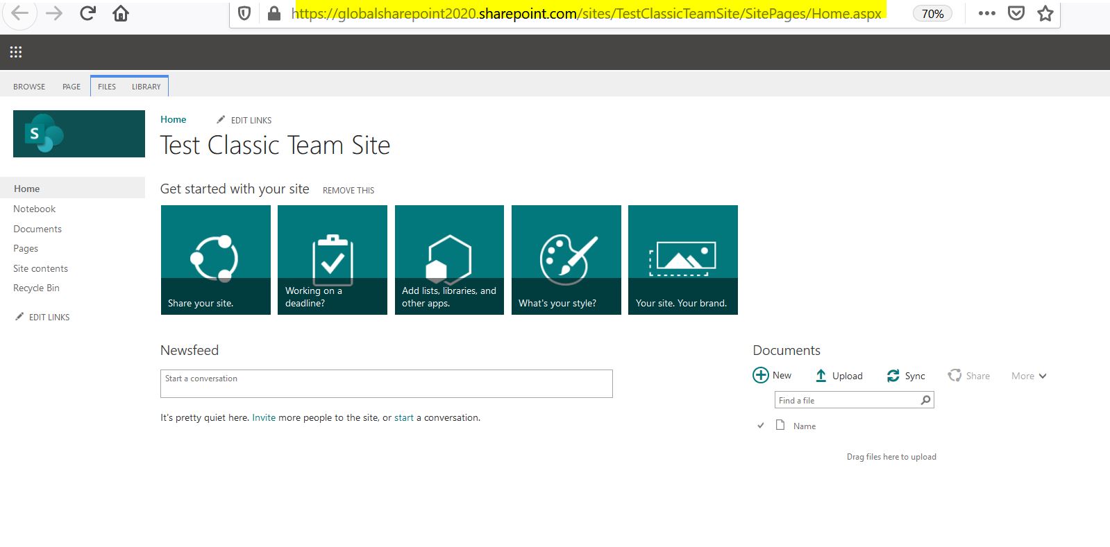 Convert classic team site to communication site, Classic Team site before conversion in SharePoint Online