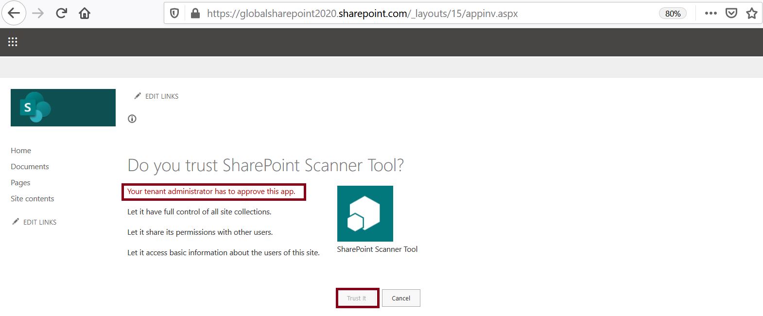 Check app permissions SharePoint Online, Do you trust SharePoint Scanner Tool - Your tenant administrator has to approve this app
