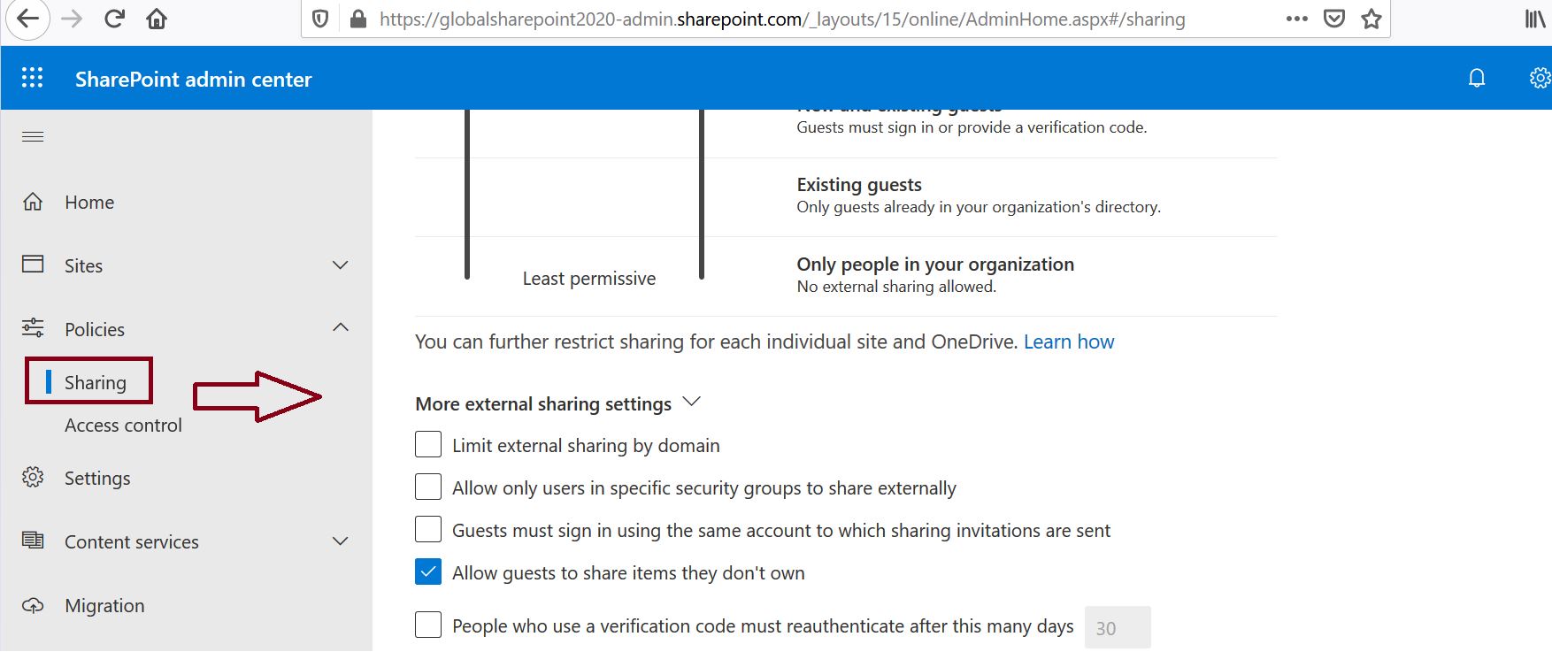 Guest access to SharePoint Online, More external sharing settings in Policy sharing settings