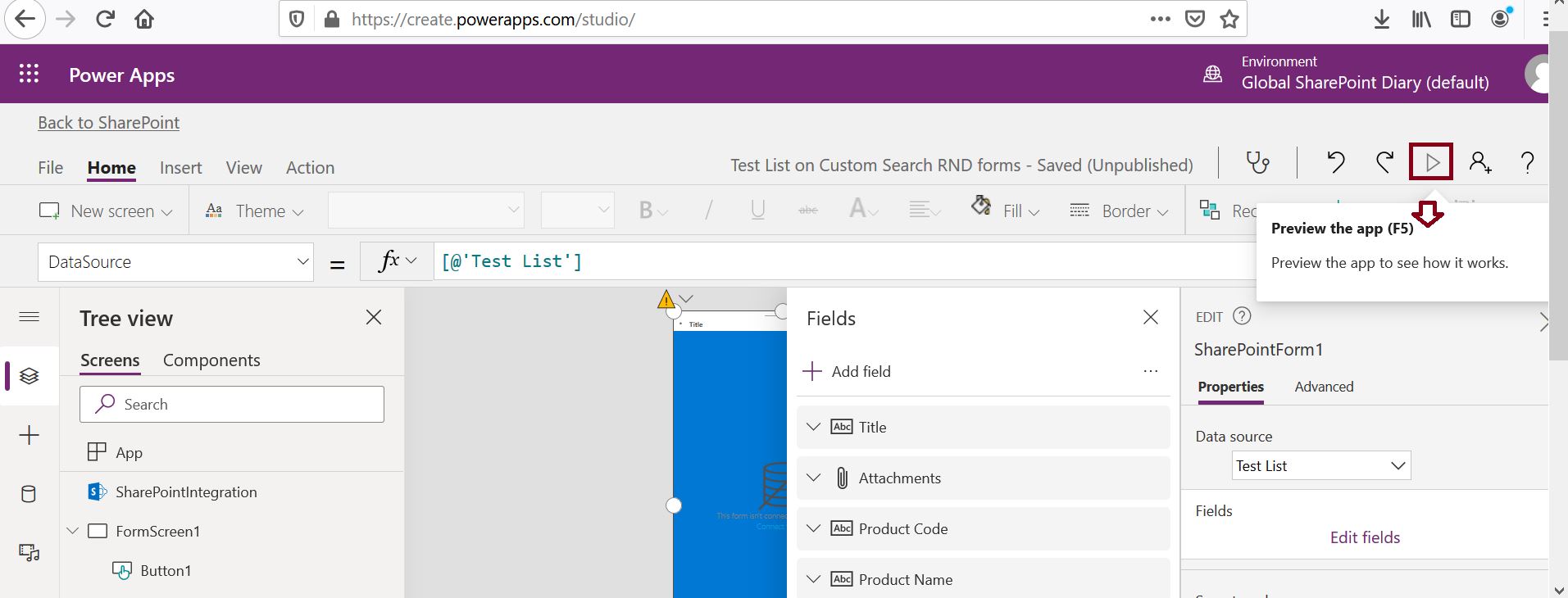How to preview PowerApps app - preview PowerApps form