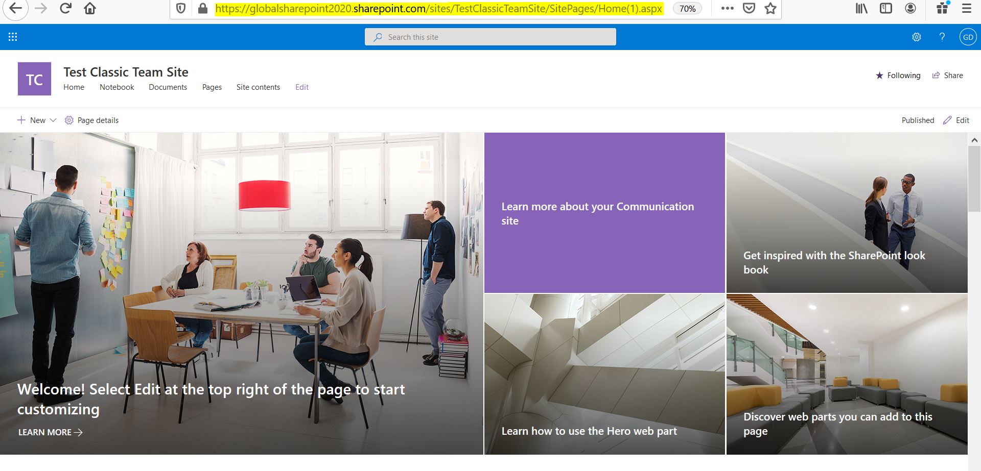 Convert classic team site to communication site, Classic team site after the conversion to communication site in SharePoint Online