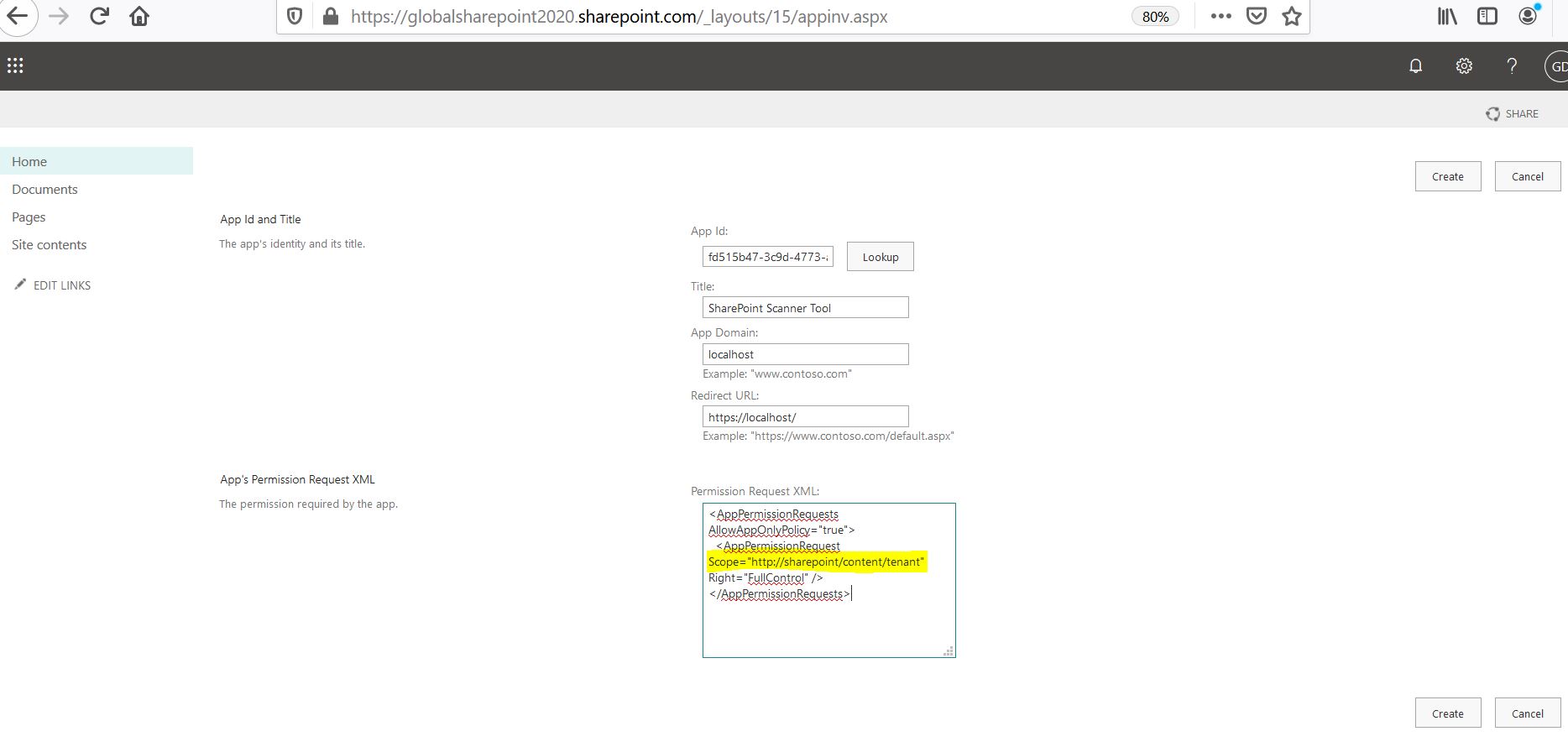 Permission request XML with tenant scope in SharePoint Online