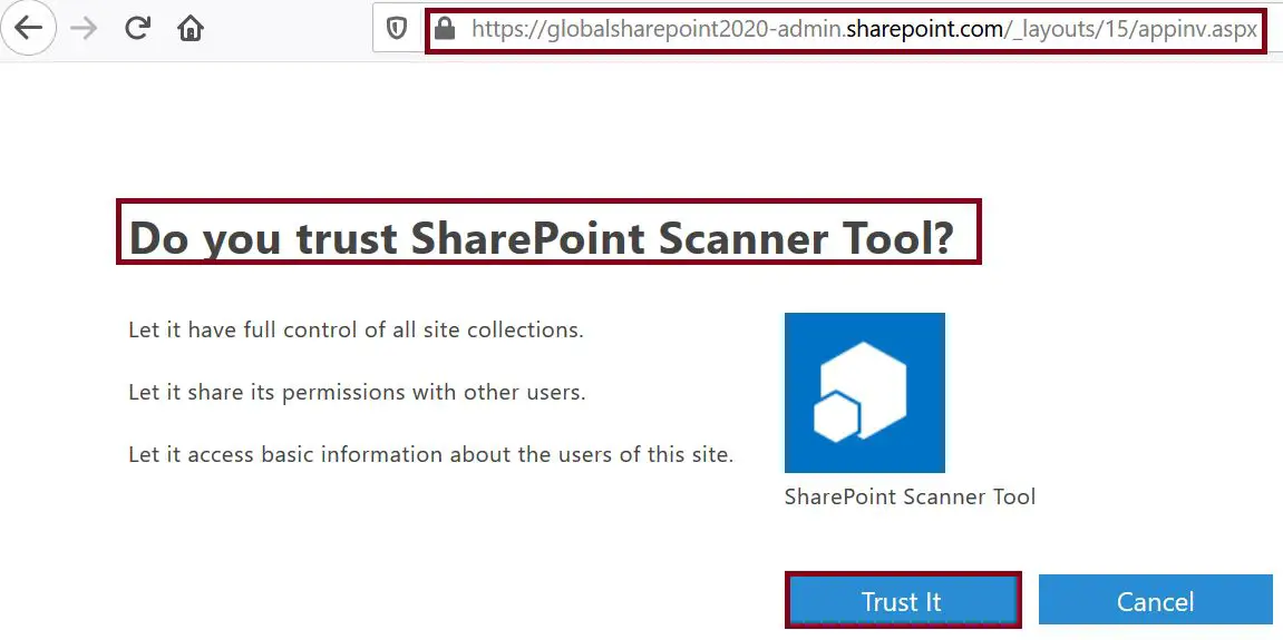 your tenant administrator has to approve this app, Trust it button is enabled in tenant scope permission request XML in SharePoint Online