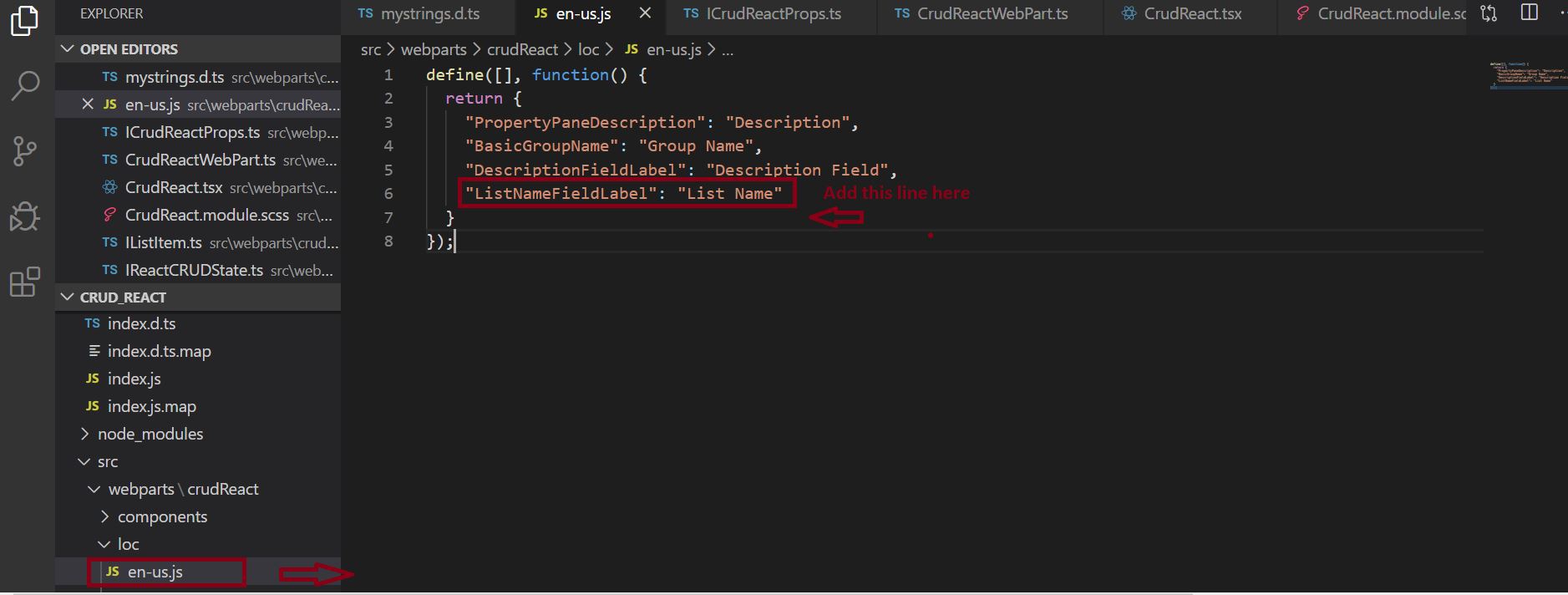CRUD operation in SharePoint Online list, Add List Name Property in en-us.js file - SPFX React Project