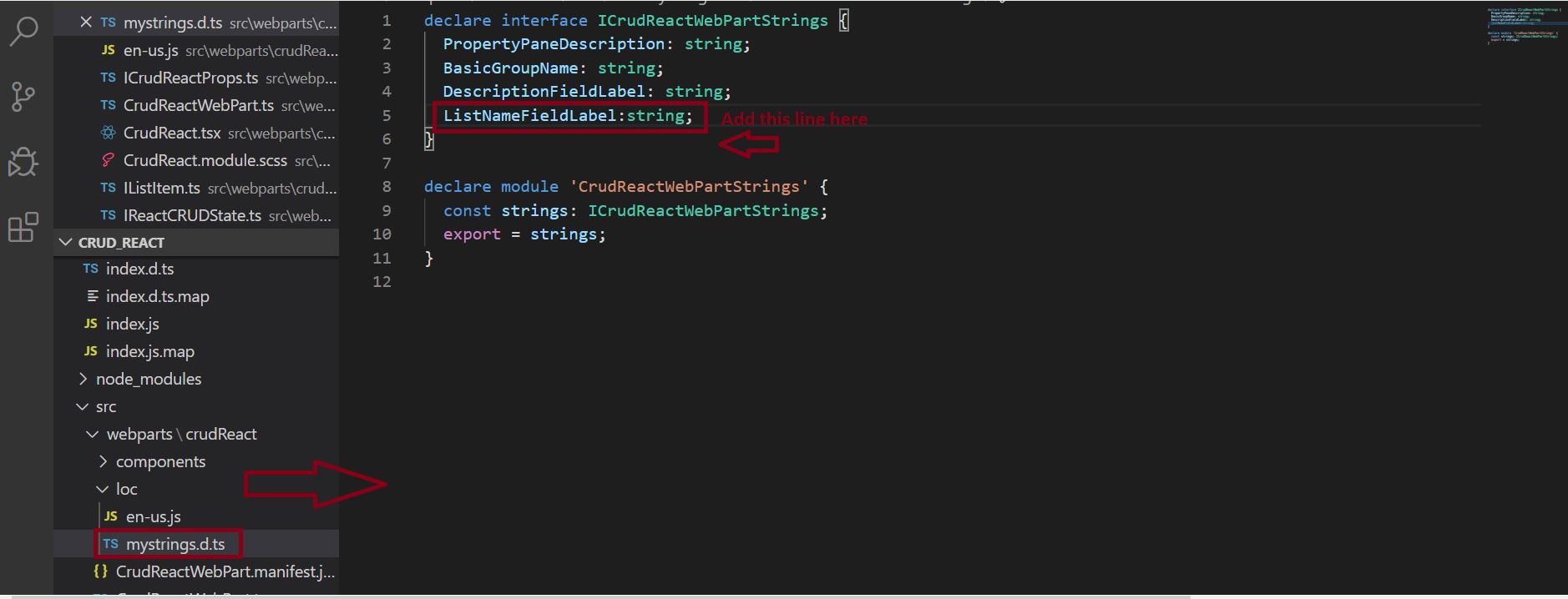CRUD operation in SharePoint Online list, Add List Name Property in mystring.d.ts file - SPFX React Project
