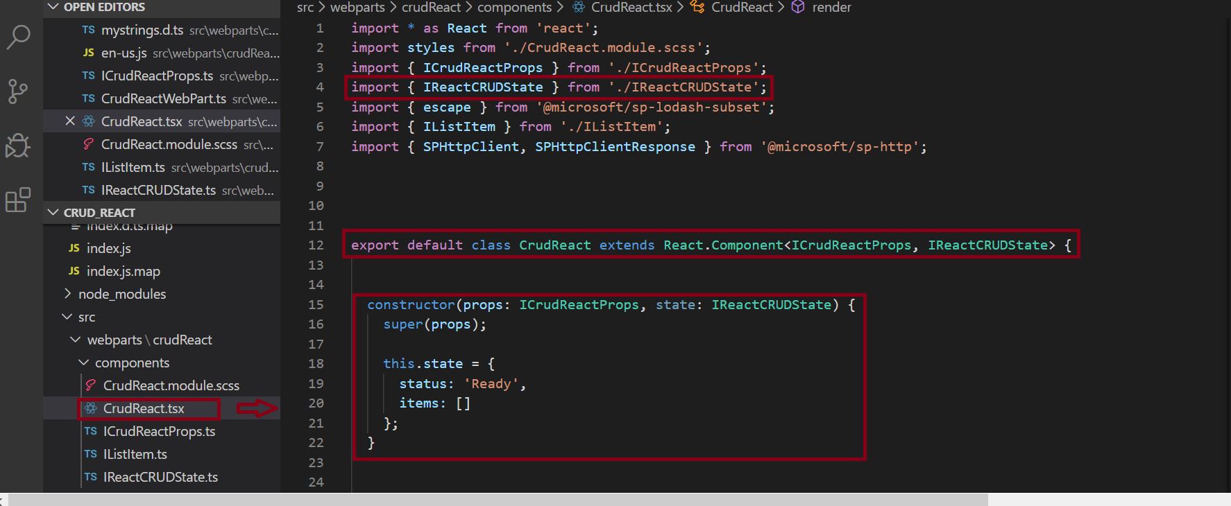 CRUD operation in SharePoint Online list, configure CrudReact.tsx file to handle the React state in SPFX project