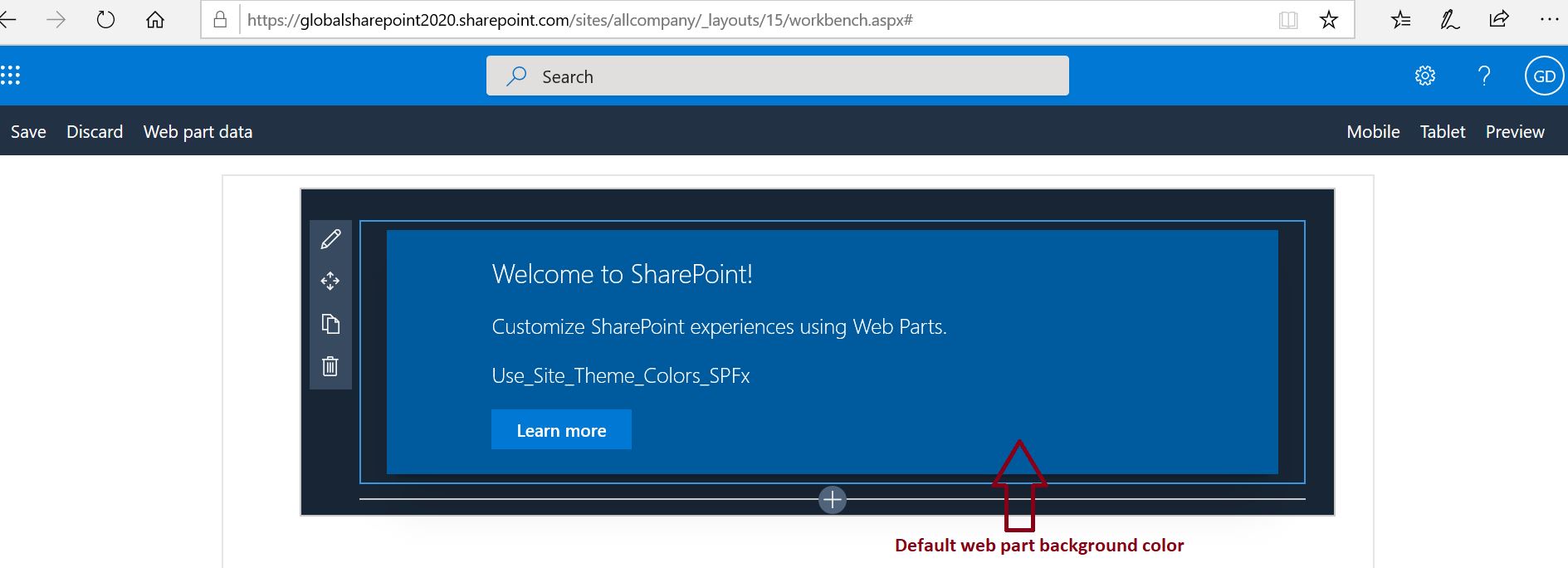 SharePoint theme colors (SPFx theme colors), launch SPFx web part in SharePoint Online workbench - Default web part background color