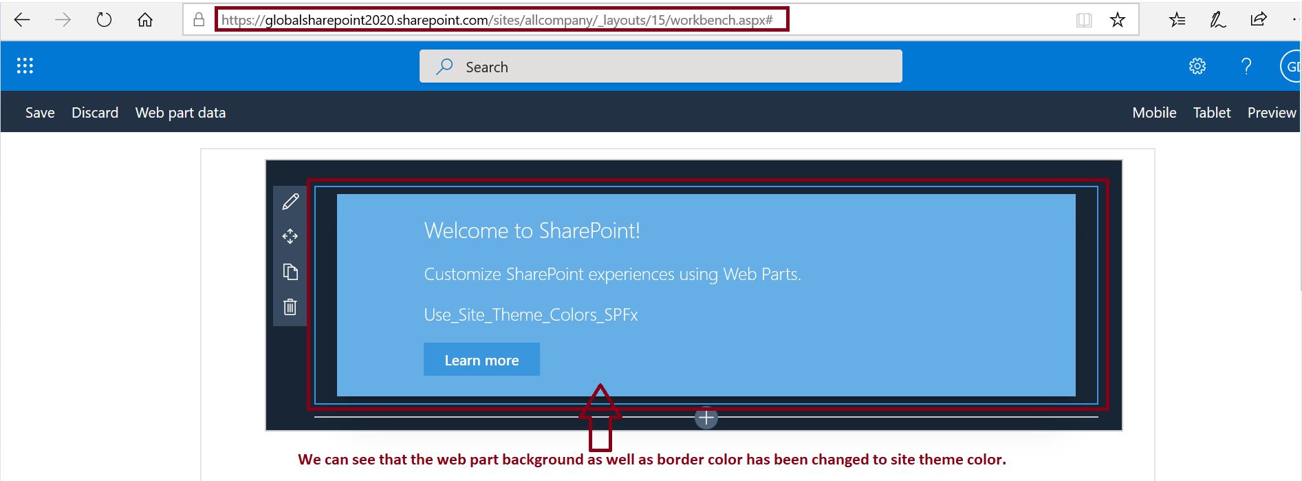 SharePoint theme colors (SPFx theme colors), verification - web part background color has been changed to site theme color in SPFx