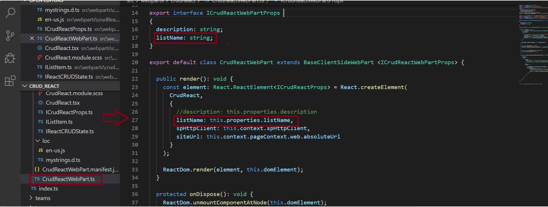 CRUD operation in SharePoint Online list, Web part main file (CrudReactWebPart.ts) in SPFx React project