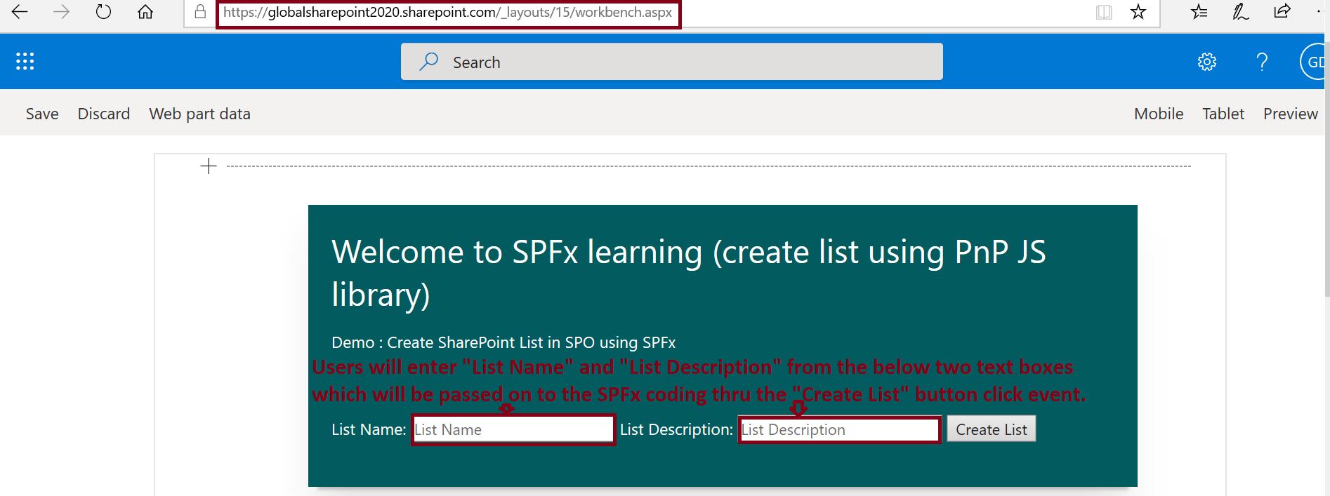 Text field in SPFx, Pass textbox entry in SPFx framework as a parameter - demo