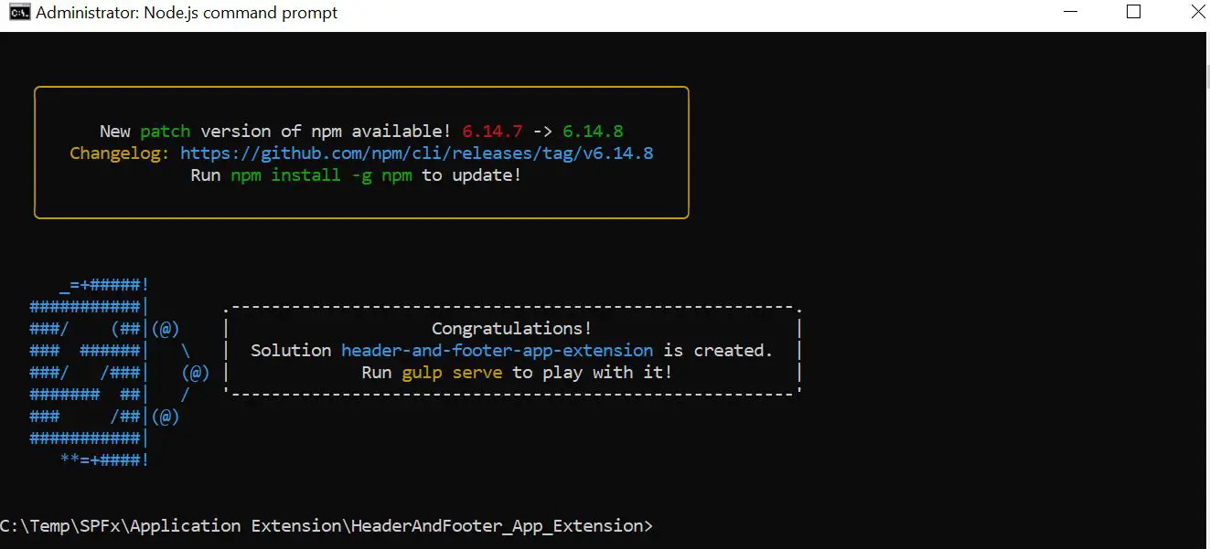 SharePoint Framework header footer, SPFx Application extension project - scaffolding completed - Header and Footer