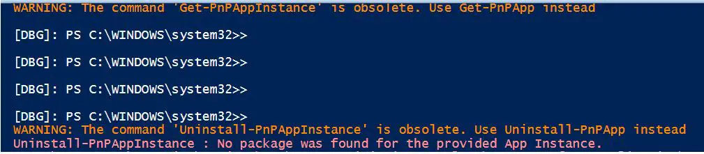 Remove app from SharePoint online using PowerShell, warning - The command 'Uninstall-PnPAppInstance' is obsolete - use Uninstall-PnPApp instead