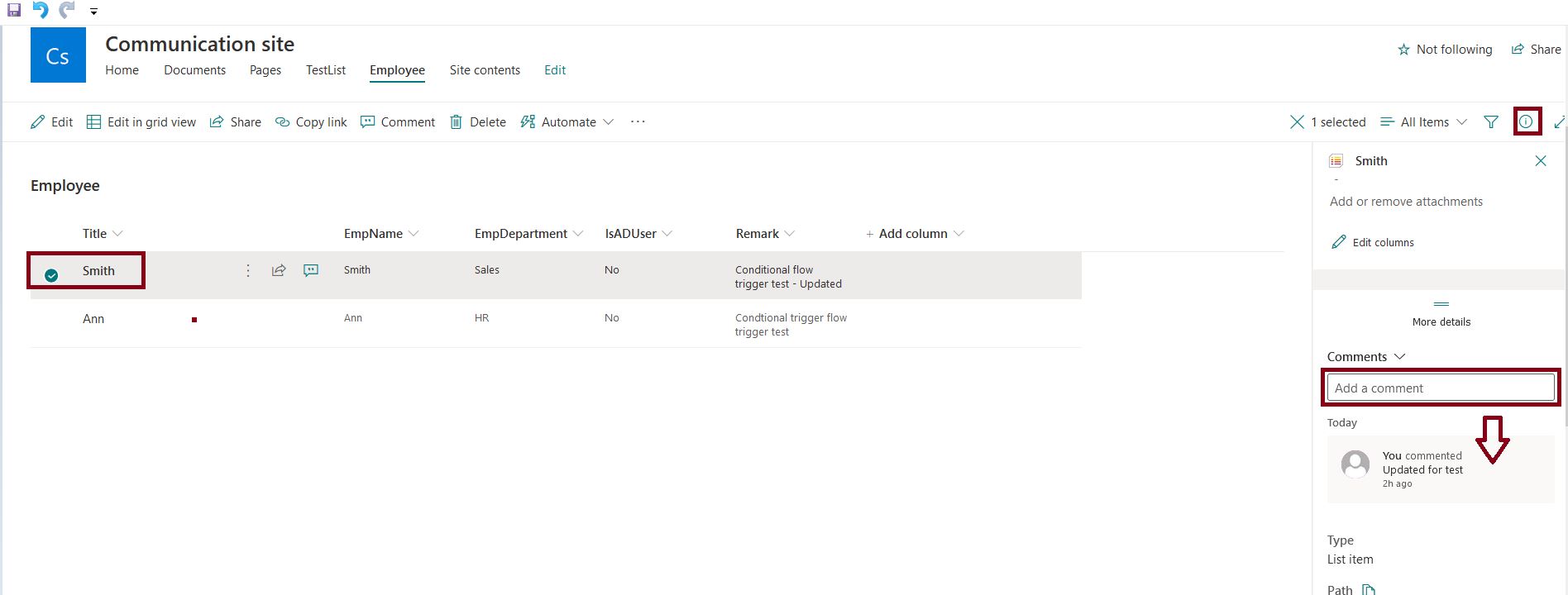 Add a comment for SharePoint Online list item modification from the details pane, version history in SharePoint Online