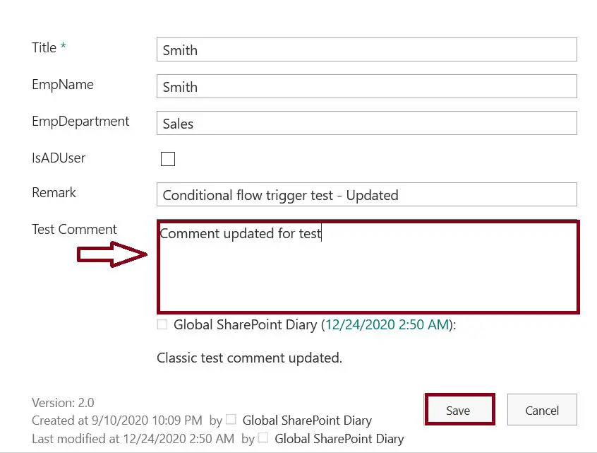Add comment in SharePoint list item modification